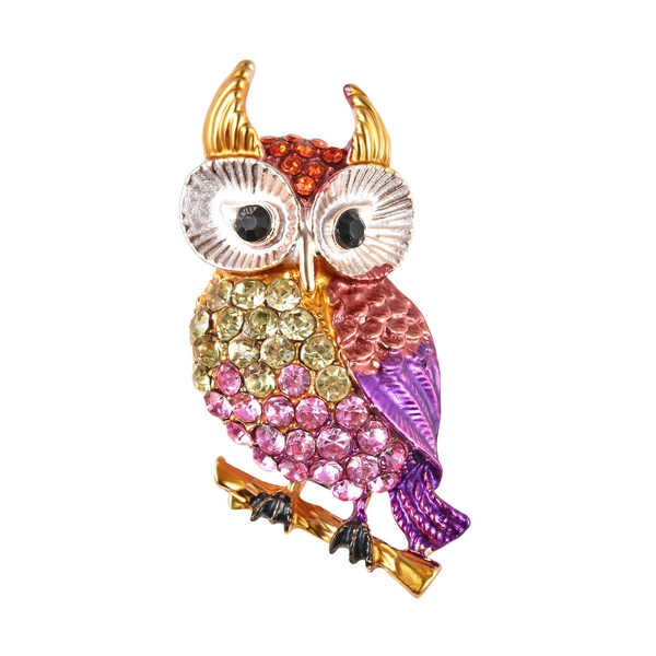Multi Colour Austrian Owl Crystal Brooch in Gold Tone