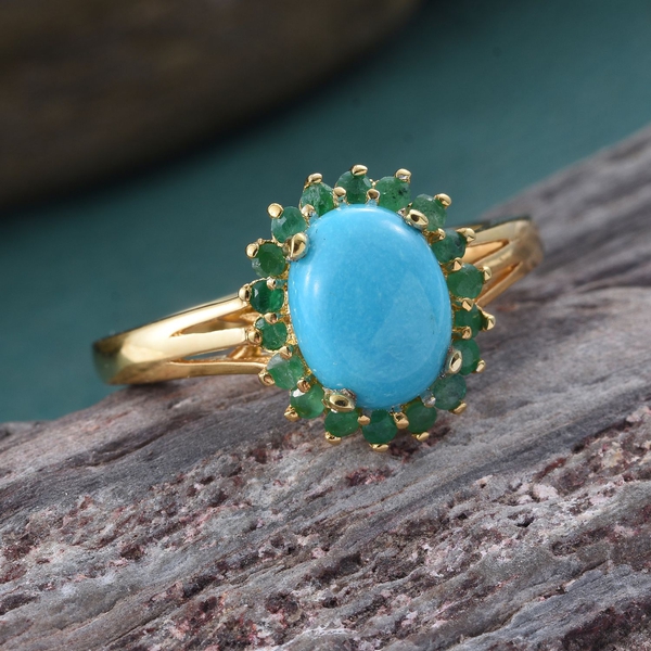 Arizona Sleeping Beauty Turquoise (Ovl 1.45 Ct), Kagem Zambian Emerald Ring in 14K Gold Overlay Sterling Silver 1.750 Ct.
