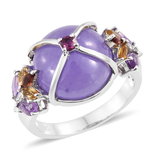 Purple Jade (Rnd), Amethyst, Rhodolite Garnet and Multi Gemstone Ring in Platinum Overlay Sterling S