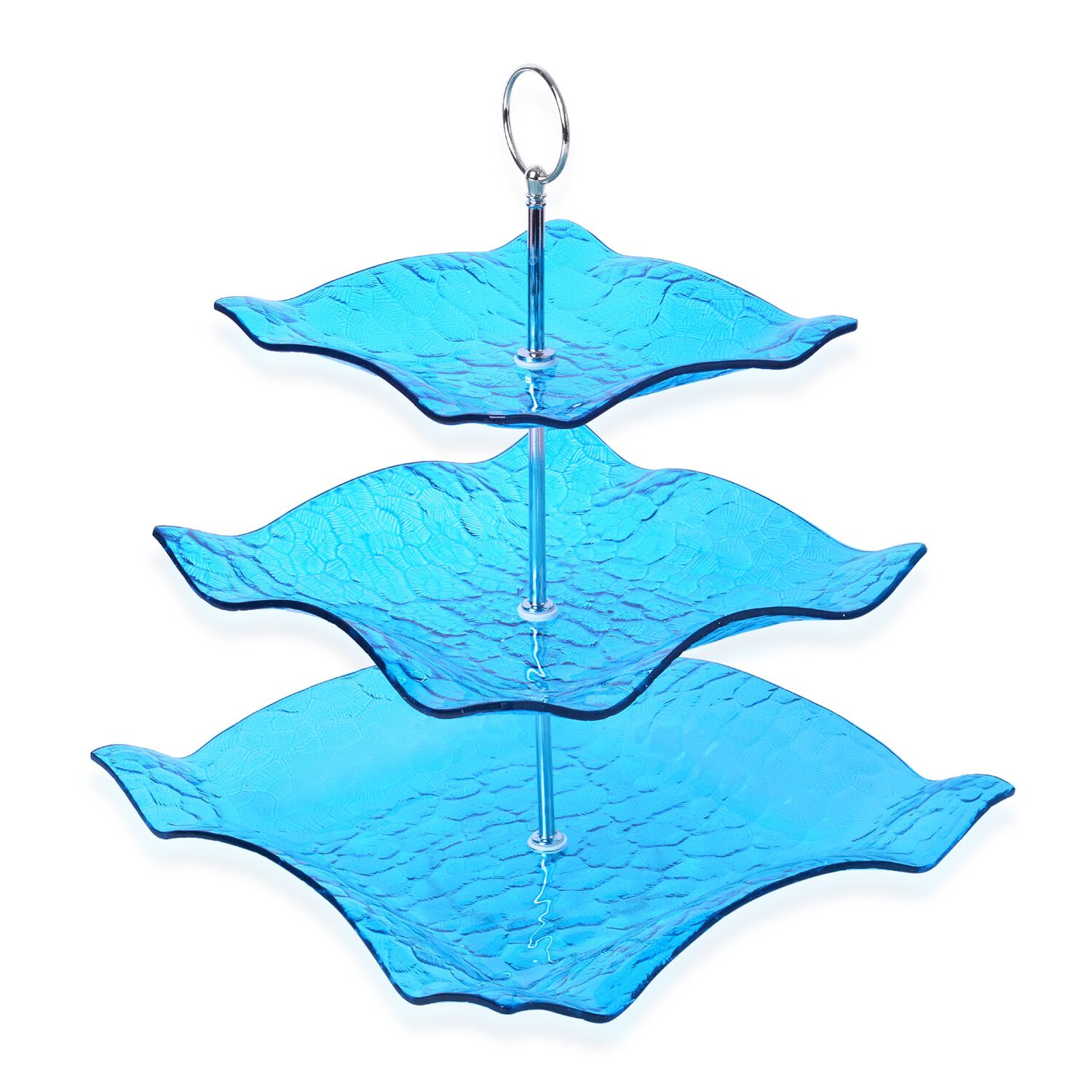 Multi Storey Blue Colour Glass Cake Stand in Silver Tone (Size 28X28, 22X22 and 17.5X17.5 Cm, Height 34 Cm)