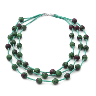 Ruby Zoisite, Green Howlite Beads Necklace (Size - 20) in Rhodium Overlay Sterling Silver 250.00 Ct 