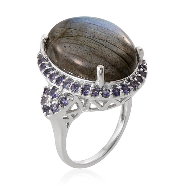 Labradorite (Ovl 18.15 Ct), Iolite Ring in Platinum Overlay Sterling Silver 20.000 Ct. Silver wt 8.07 Gms.