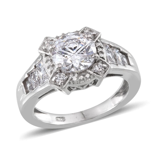 Lustro Stella - Platinum Overlay Sterling Silver Ring (Rnd) Ring Made with Finest CZ