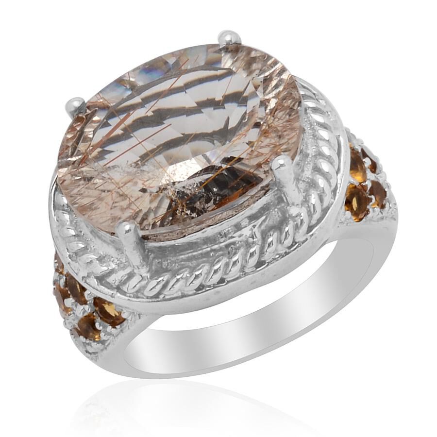 Aurelia Rutilated Quartz (Ovl 6.75 Ct) Citrine Ring in Platinum Bond (Size M) 8.000 Ct.