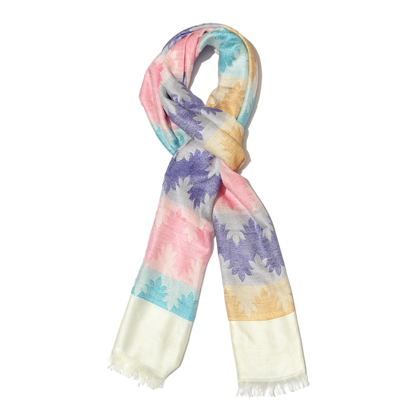 Cream, Purple and Multi Colour Reversible Scarf with Fringes (Size 180X70 Cm)