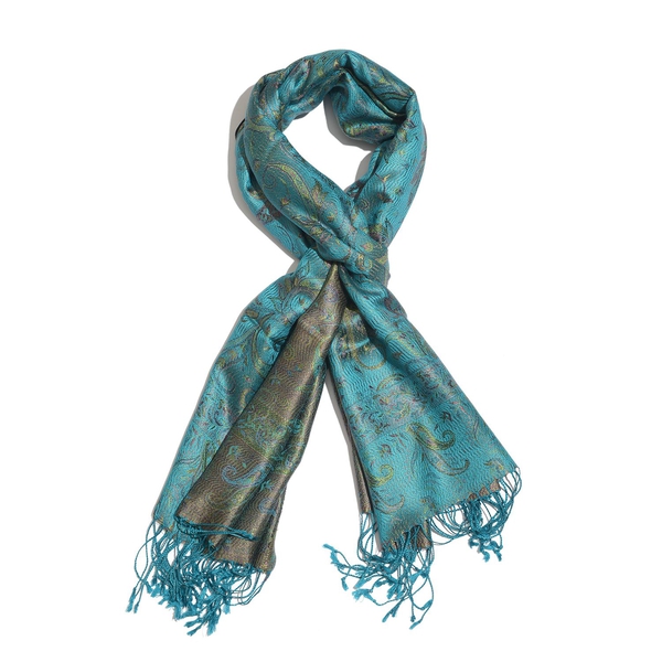 SILK MARK - 100% Superfine Silk Green and Multi Colour Paisley and Leaves Pattern Turquoise Colour J