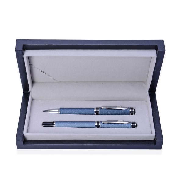 Set of 2 - Blue Satin Plated Silver Tone Ball Point and Roller Pen (Black Ink) with White Glass in a