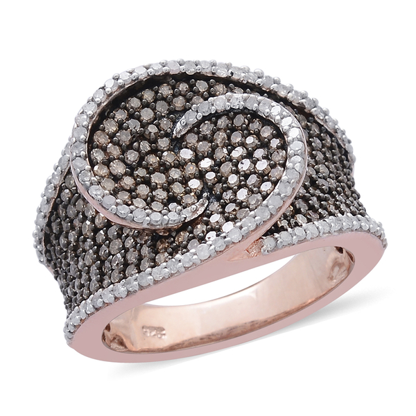 1.50 Ct Champagne Diamond and White Diamond Cluster Ring in Rose Gold Plated Silver 8.80 Grams