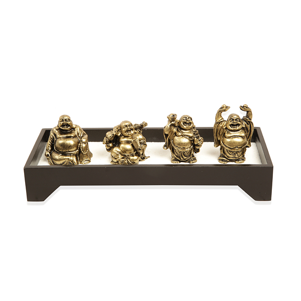 Home Decor - Golden Colour Resin Four Laughing Buddha with Sand and Stones in Rectangle Shape Base w