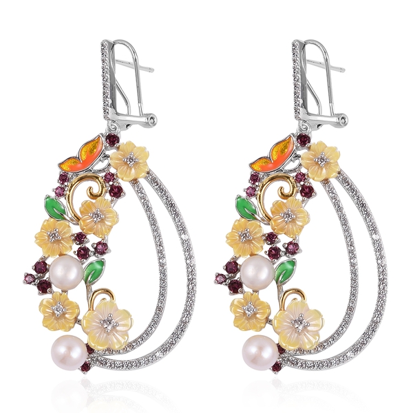 JARDIN COLLECTION -Yellow Mother of Pearl, Freshwater White Pearl, Rhodolite Garnet and Multi Gemstone Enameled Floral Earrings (with French Clip) in Rhodium and Gold Overlay Sterling Silver 11.20 Gm