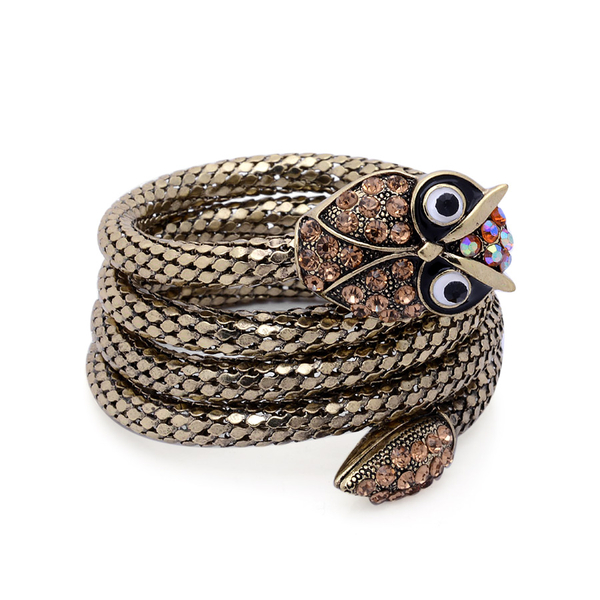 Black, Champagne and Multi Colour Austrian Crystal Enameled Owl Arm Wraps in Gold Tone