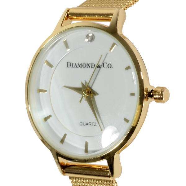 DIAMOND & CO LONDON- Diamond Studded Watch with Mesh Style Strap - Gold Tone