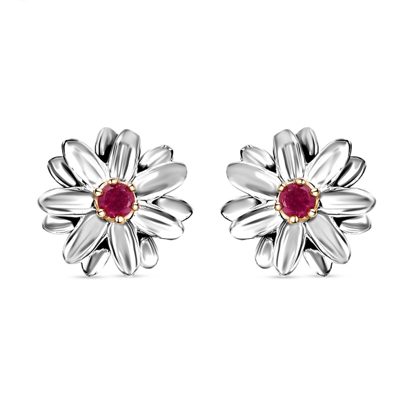 African Ruby (FF) Floral Stud Earrings (with Push back) in Platinum and Yellow Gold Overlay Sterling