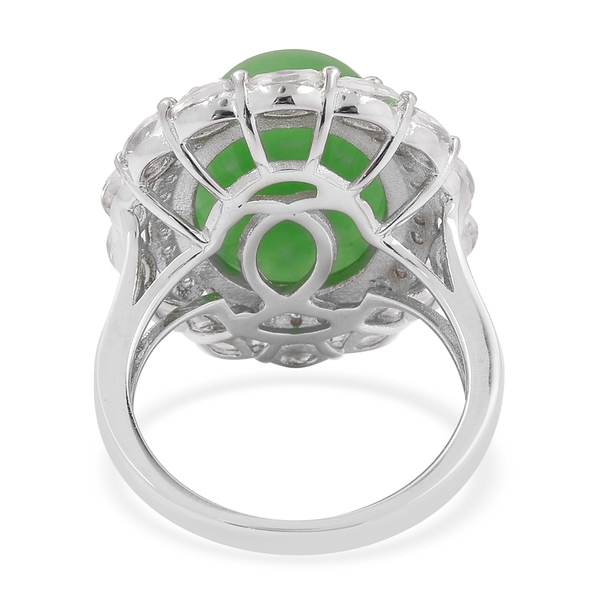 Green Jade (Ovl 11.50 Ct), White Topaz Ring in Rhodium Overlay Sterling Silver 13.05 Ct