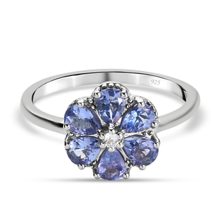 Tanzanite and Natural Cambodian Zircon Floral Ring in Platinum Overlay Sterling Silver