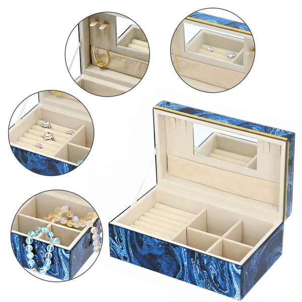 Lapis Gemstone Jewellery Storage Box with Golden Rim and Inside Mirror (Size 21x13x8.5 cm)