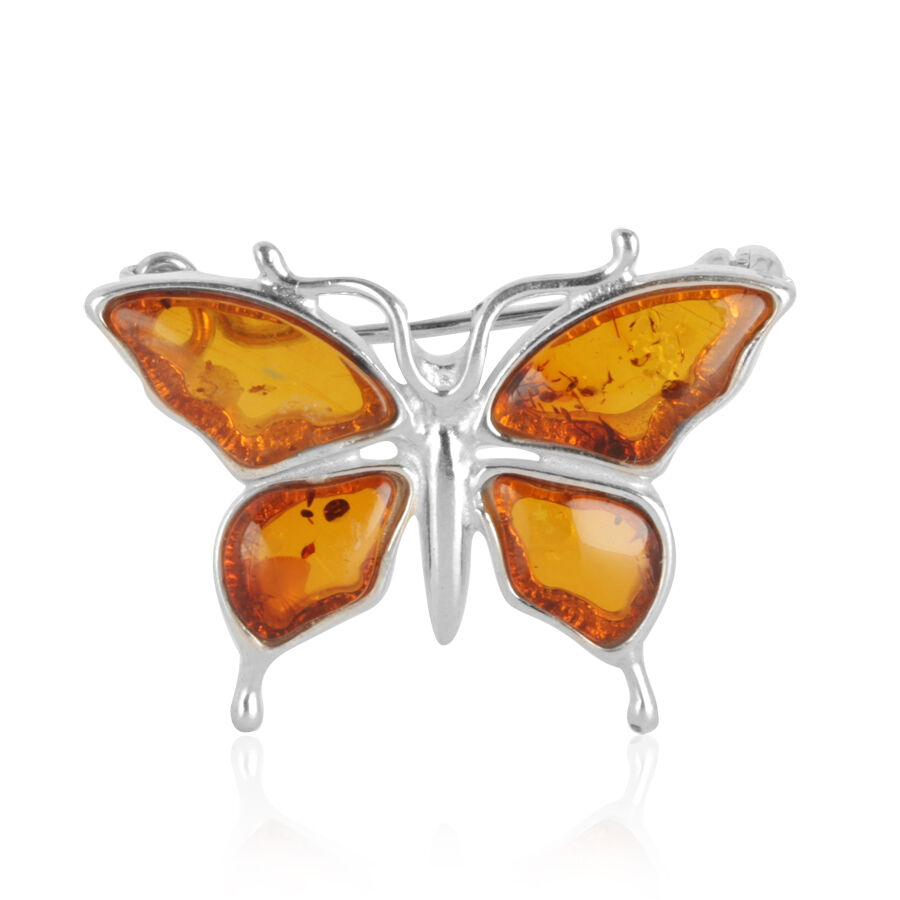 Baltic Amber Butterfly Brooch in Sterling Silver