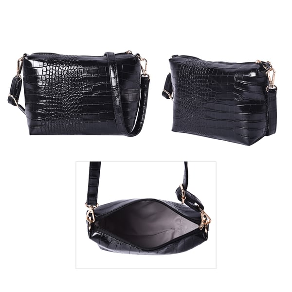 Close Out Deal - 2 Piece Set - Croc Embossed Pattern Tote Bag (Size:39x32x13x31Cm) and Crossbody Bag (Size:22x8x18Cm) - Black