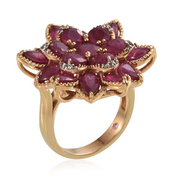 African Ruby (Rnd 1.25 Ct), Pink Sapphire and White Topaz Floral Ring in 14K Gold Overlay Sterling Silver 12.750 Ct.