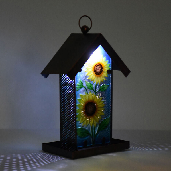 Garden Theme Hand Painted Solar Sunflower Pattern Lantern Bird Feeder (Size 18x14x33cm) - Yellow