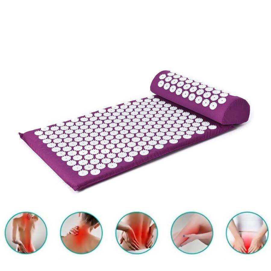2 Piece Set - Acupressure Mat (58x36cm) and Pillow (36x14x9cm) - Purple and  White - 3591561 - TJC