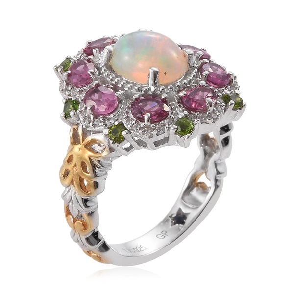 GP Ethopian Welo Opal (Ovl 1.30 Ct), Rhodolite Garnet, Chrome Diaopside, Natural Cambodian Zircon and Kanchanaburi Blue Sapphire Ring in Platinum and Yellow Gold Overlay Sterling Silver 3.500 Ct.