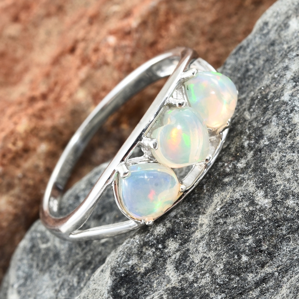 Ethiopian Welo Opal (Hrt) Trilogy Ring in Platinum Overlay Sterling Silver 1.250 Ct.