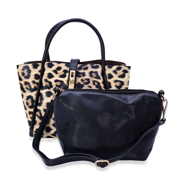 Set of 2 - Hadley Leopard Tote Bag and Black Colour Crossbody Bag with Adjustable and Removable Shou