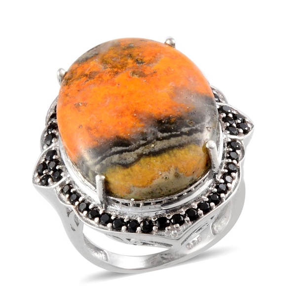 Bumble Bee Jasper (Ovl 17.50 Ct), Boi Ploi Black Spinel Ring in Platinum Overlay Sterling Silver 18.