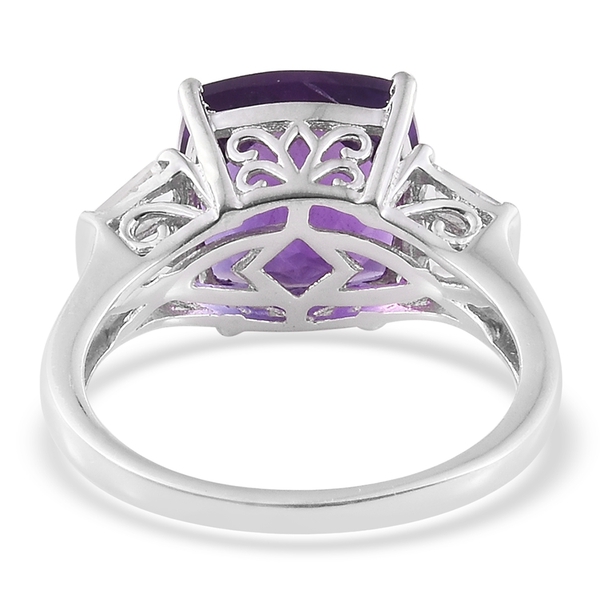 CHECKERBOARD CUT Lusaka Amethyst (Cush 5.50 Ct), White Topaz Ring in Platinum Overlay Sterling Silver 6.250 Ct.