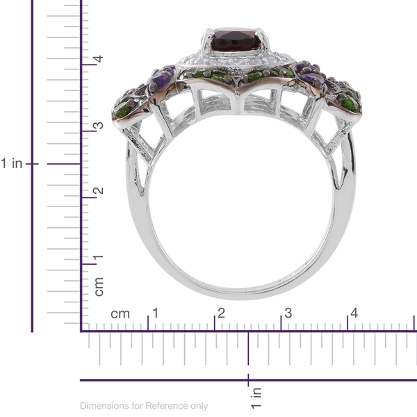 Designer Inspired-Rhodolite Garnet (Ovl 2.25 Ct), Chrome Diopside, Amethyst and Natural White Cambodian Zircon Ring in Rhodium Plated Sterling Silver 4.500 Ct.