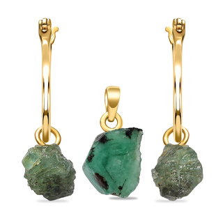2 Piece Set - Socoto Emerald Pendant and Detachable Hoop Earrings with Clasp in 14K Gold Overlay Ste