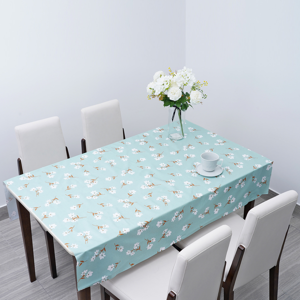 100% Waterproof PVC Table Cloth with Blossom Floral Pattern (Size 200x137cm) - Pastel Green & White