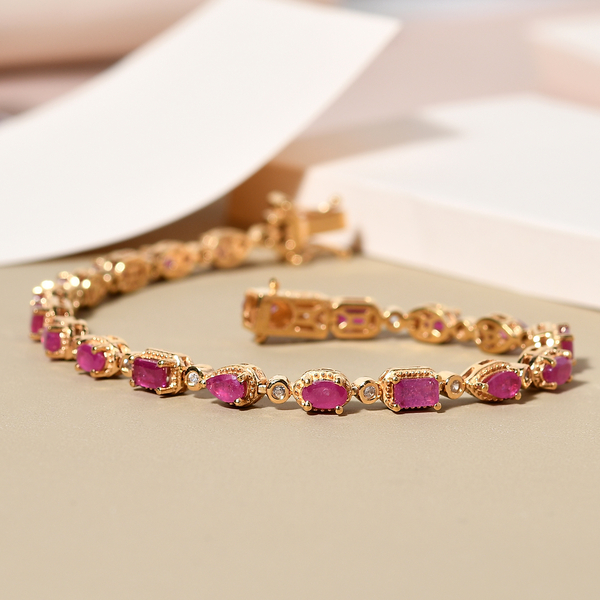 African Ruby (FF) and Natural Cambodian Zircon Bracelet (Size - 7.5) in 14K Gold Overlay Sterling Silver 7.95 Ct, Silver Wt. 11.68 Gms
