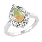 Ethiopian Welo Opal and Natural Cambodian Zircon Ring (Size R) in Platinum Overlay Sterling Silver 1.06 Ct.