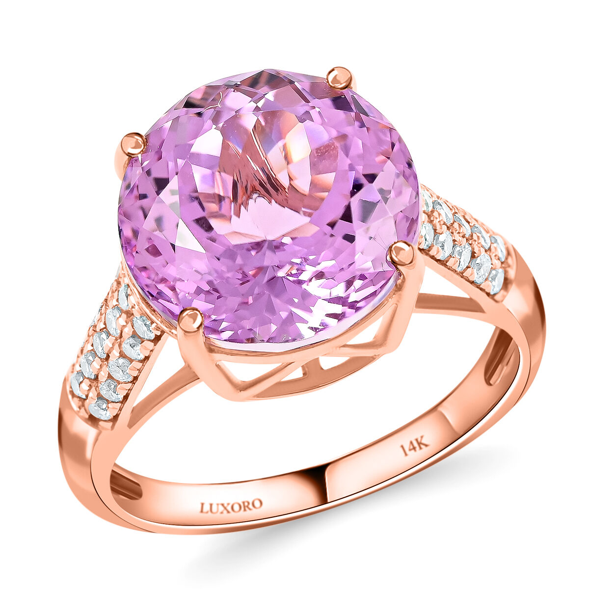 14K Rose Gold  AAA   Martha Rocha Kunzite ,  White Diamond  I1 Solitaire Ring 8.45 ct,  Gold Wt. 3.3