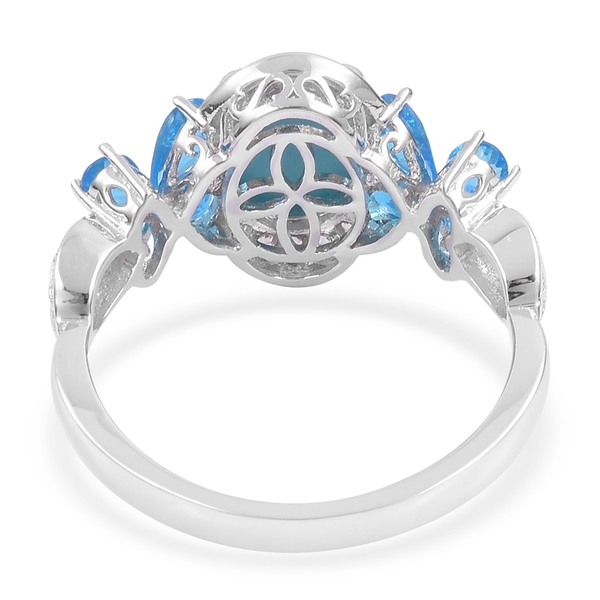 Arizona Sleeping Beauty Turquoise (Ovl 1.75 Ct), Malgache Neon Apatite and Natural White Cambodian Zircon Ring in Platinum Overlay Sterling Silver 3.640 Ct.