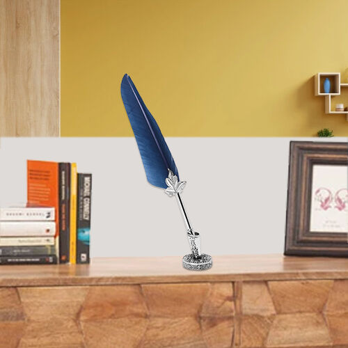 Set of Navy Feather Pen with Pen Stand, Black Ink (15ml) and 6-Different Nip Shapes in Silver Tone