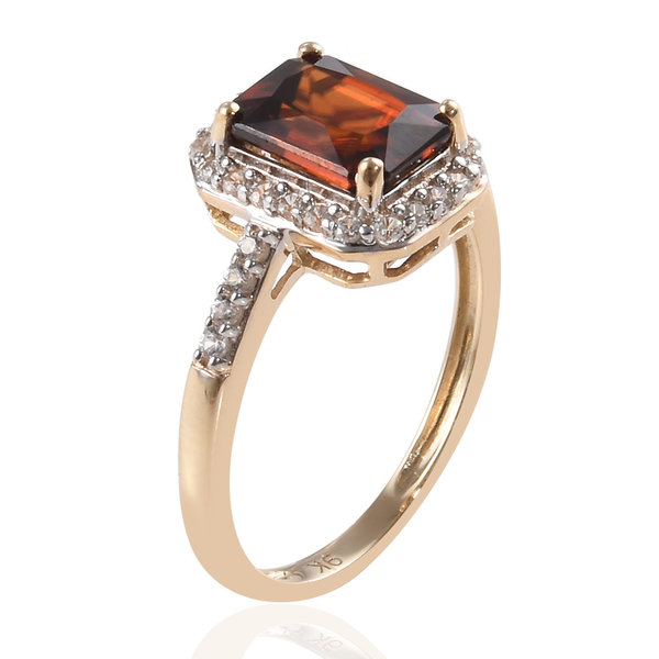 9K Yellow Gold Radiant Cut Red Zircon and Natural Cambodian Zircon Ring 2.85 Ct.
