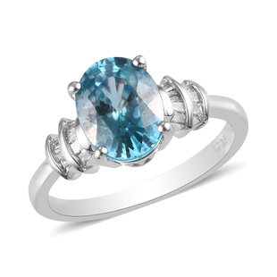 Ratanakiri Blue Zircon and Diamond Ring in Platinum Overlay Sterling Silver 3.00 Ct.