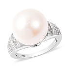 Edison Pearl and Natural Cambodian Zircon Ring (Size R) in Rhodium Overlay Sterling Silver