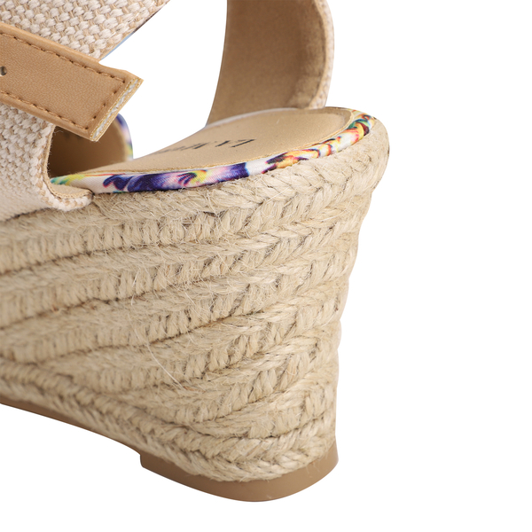 LA MAREY High Heel Floral Espadrilles Sandals with Hook & Loop Buckle (Size 3) - White & Multi