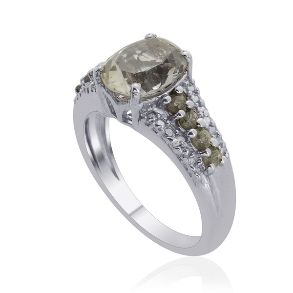 Green Sillimanite (Ovl 1.75 Ct), Green Sapphire and Diamond Ring in Platinum Overlay Sterling Silver  2.000 Ct.
