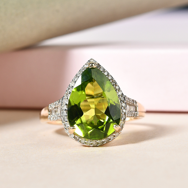 Close Out Deal - 9K Yellow Gold AA Hebei Peridot (Pear 14X10 mm) and Diamond Halo Ring 5.39 Ct.