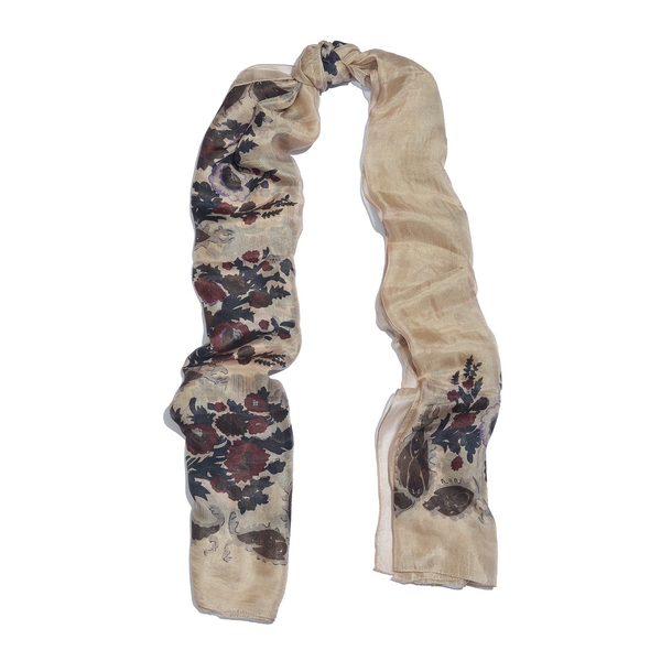 100% Mulberry Silk Cream, Navy and Multi Colour Handscreen Floral Printed Scarf (Size 200X180 Cm)