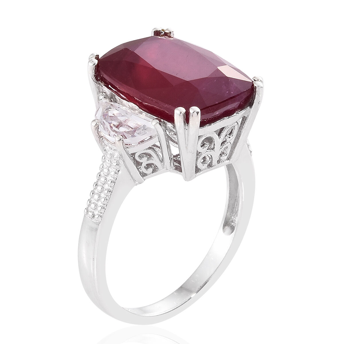 Limited Edition- Cocktail Collection- Very Rare Size AAA African Ruby (Cush 16.00 Ct), Rare D- Cut White Topaz Ring in Platinum Overlay Sterling Silver 17.500 Ct.