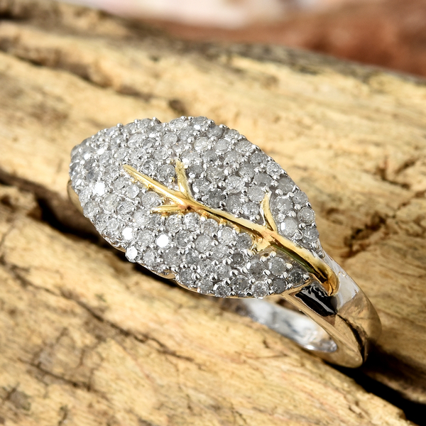 Designer Inspired- Diamond (Rnd) Leaf Ring in Platinum and Yellow Gold Overlay Sterling Silver 0.500 Ct.