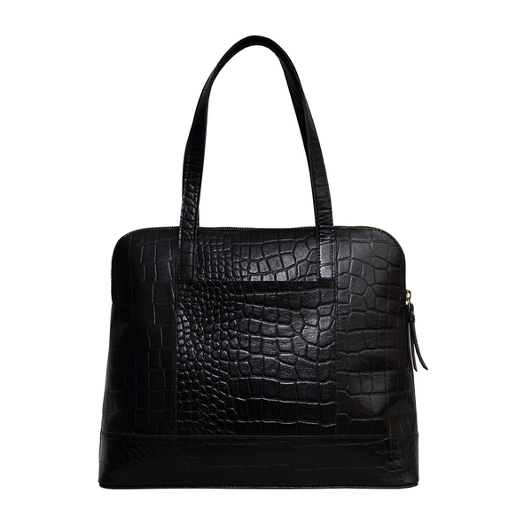 Assots London EVA 100% Genuine Leather Croc Embossed Pattern Handbag (Size 37x29x10 Cm) - Black