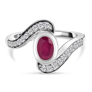 African Ruby (FF) and Natural Cambodian Zircon Bypass Ring in Platinum Overlay Sterling Silver 1.48 
