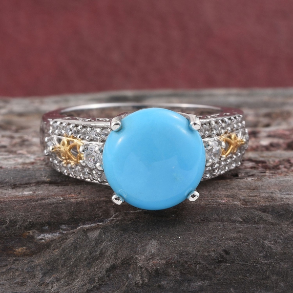 Arizona Sleeping Beauty Turquoise (Rnd 2.75 Ct), Natural Cambodian Zircon Ring in Platinum and Yellow Gold Overlay Sterling Silver 3.000 Ct.